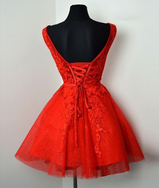 Red v neck lace tulle short prom dress, red homecoming dress
