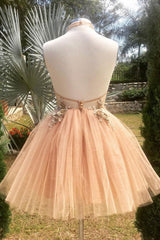 Champagne high neck tulle lace short prom dress tulle formal dress