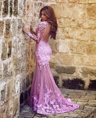 Pink Muslim Evening Dresses Mermaid Long Sleeves Tulle Appliques Lace Islamic Dubai Saudi Arabic Long Formal Evening Gown
