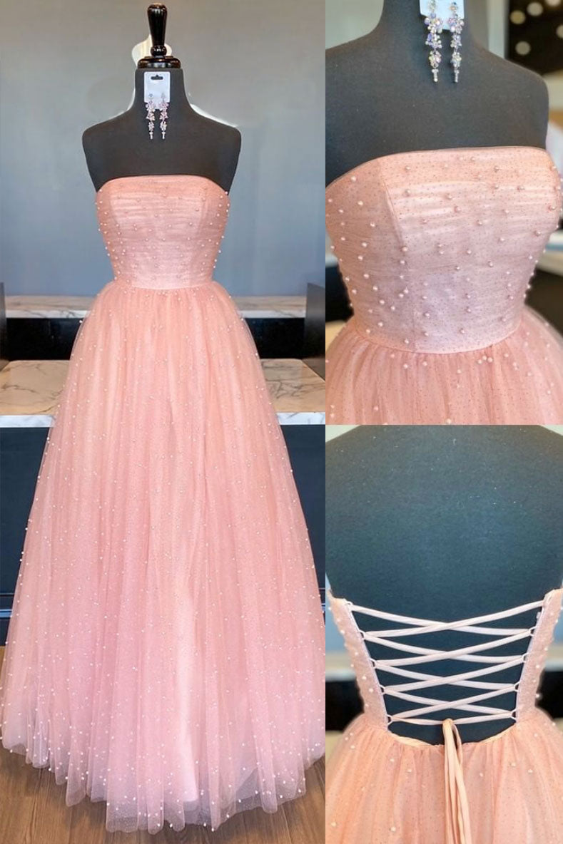 Pink tulle A-line long prom dress tulle formal dress