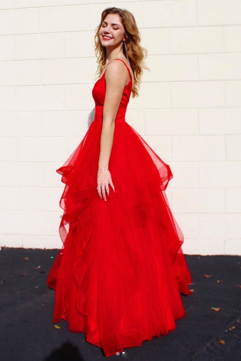 Red v neck tulle long prom dress red tulle formal dress