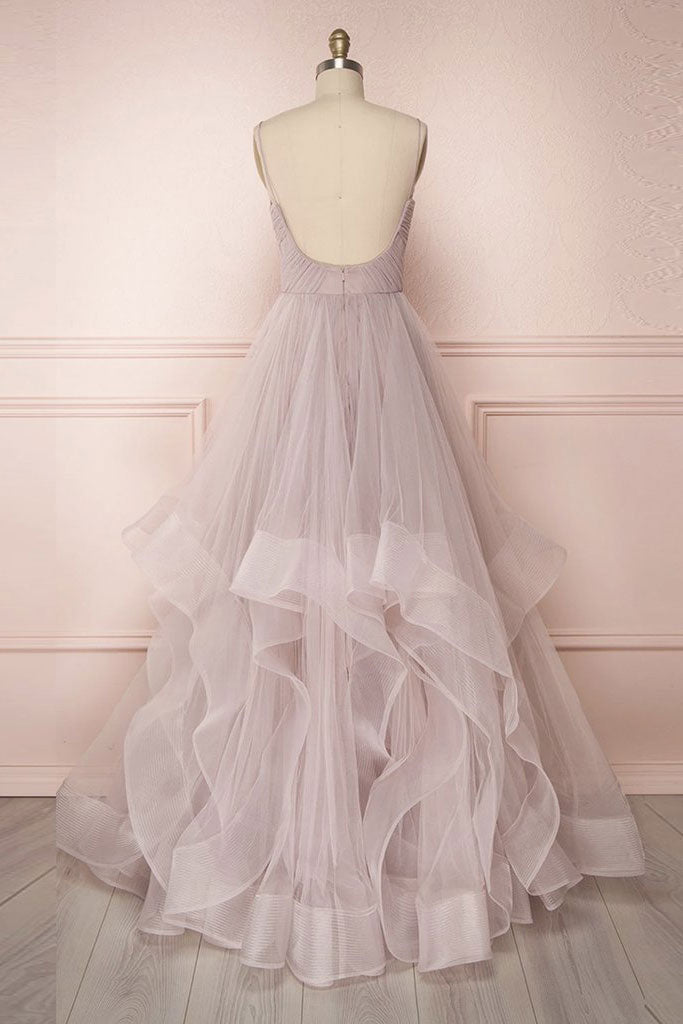 Simple v neck A-line tulle long prom dress sweet 16 dress