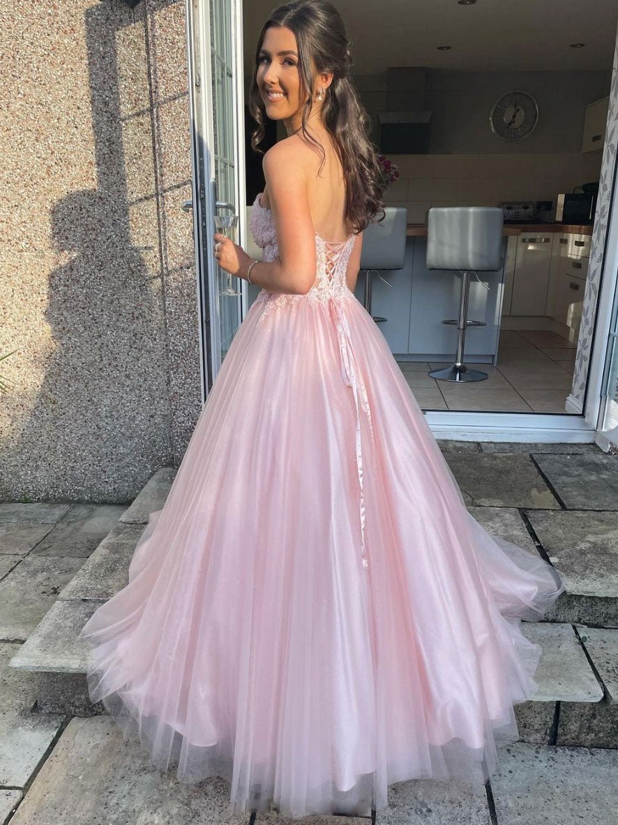 Pink sweetheart tulle lace long prom dress, pink tulle lace evening dress
