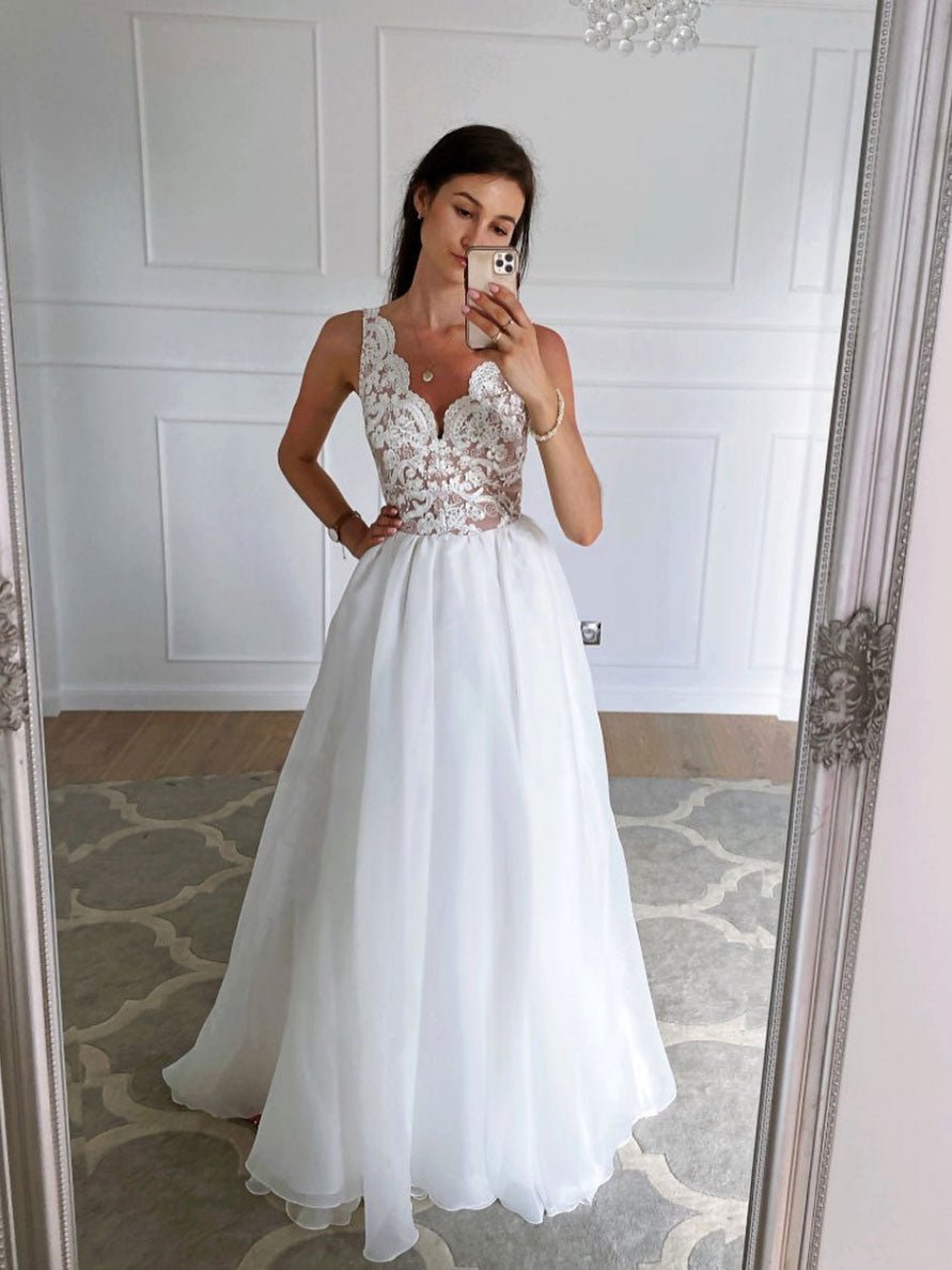 White v neck lace tulle long prom dress, lace long evening dress