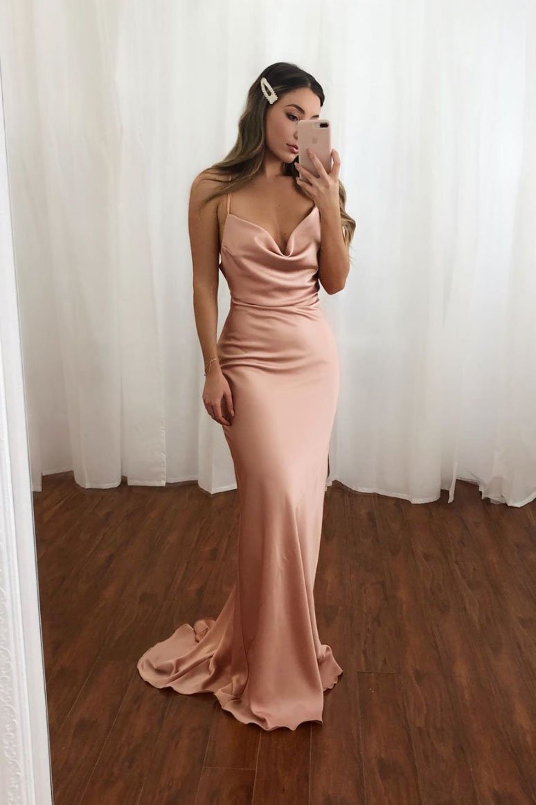 Pink sweetheart satin mermaid long prom dress pink evening dress
