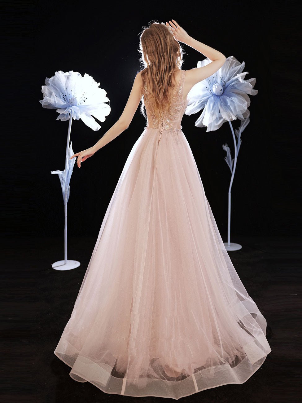 Pink tulle beads long prom dress, pink sweet 16 dress