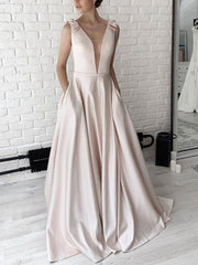 Simple v neck apricot satin long prom dress , bridesmaid dress