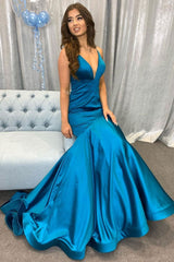 Simple v neck Peacock blue satin long prom dress blue evening dress