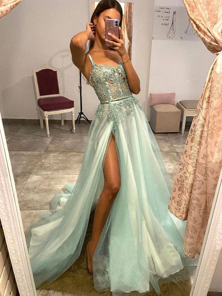 Green sweetheart tulle lace long prom dress, green evening dress