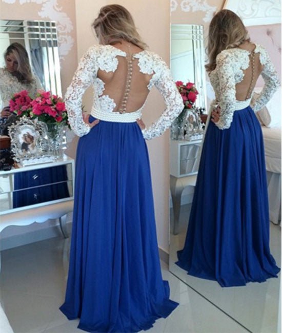 A-line lace long-sleeved chiffon long prom dress, evening dress