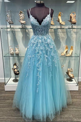 Blue v neck tulle lace long prom dress blue tulle lace evening dress