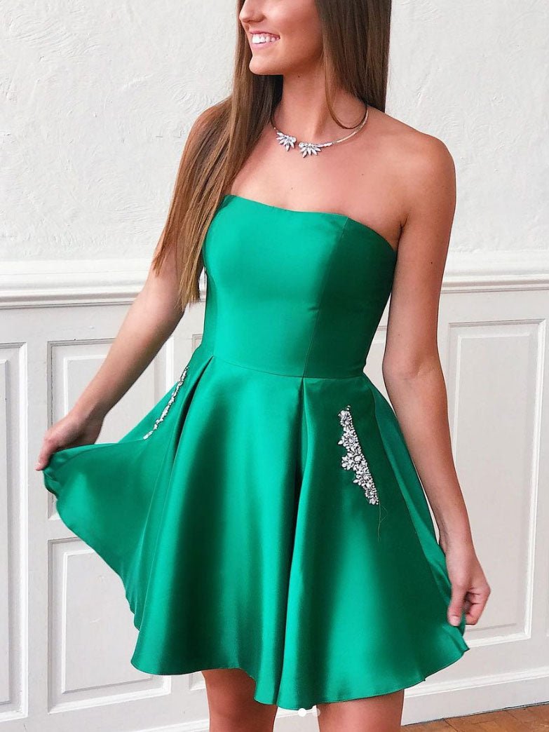 Simple green satin short prom dress, green homecoming dress