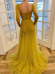 Yellow sweetheart tulle beads long prom dress, yellow evening dress