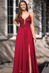 Burgundy v neck chiffon lace long prom dress burgundy evening dress