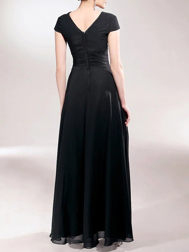 Sheath / Column Mother of the Bride Dress Little Black Dress V Neck Asymmetrical Chiffon Short Sleeve with Ruched Beading Appliques