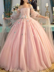 Ball Gown Off-the-Shoulder Tulle Long Sleeves Hand-Made Flower Floor-Length Dresses