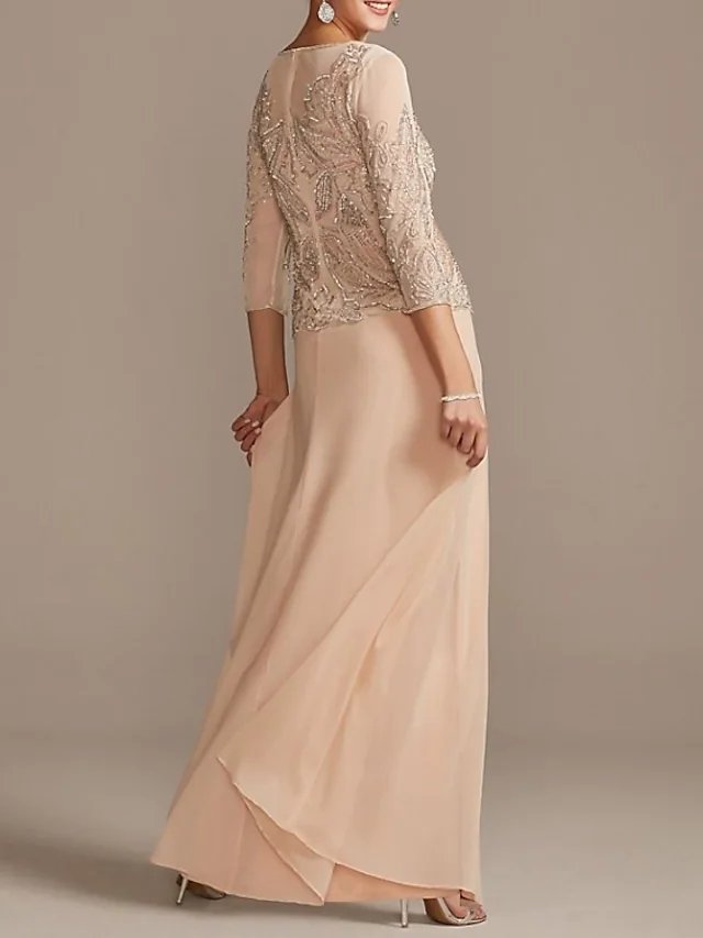 Sheath / Column Mother of the Bride Dress Elegant Jewel Neck Floor Length Chiffon Half Sleeve with Pleats Beading