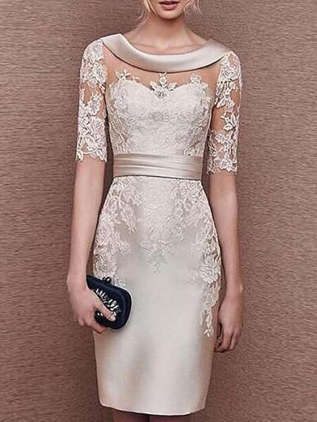 Sheath / Column Mother of the Bride Dress Elegant Jewel Neck Knee Length Stretch Satin Short Sleeve with Appliques