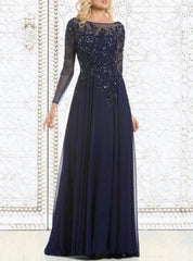 Navy Blue Mother Of The Bride Dresses A-line Long Sleeves Chiffon Beaded Formal Groom Long Mother Dresses For Wedding