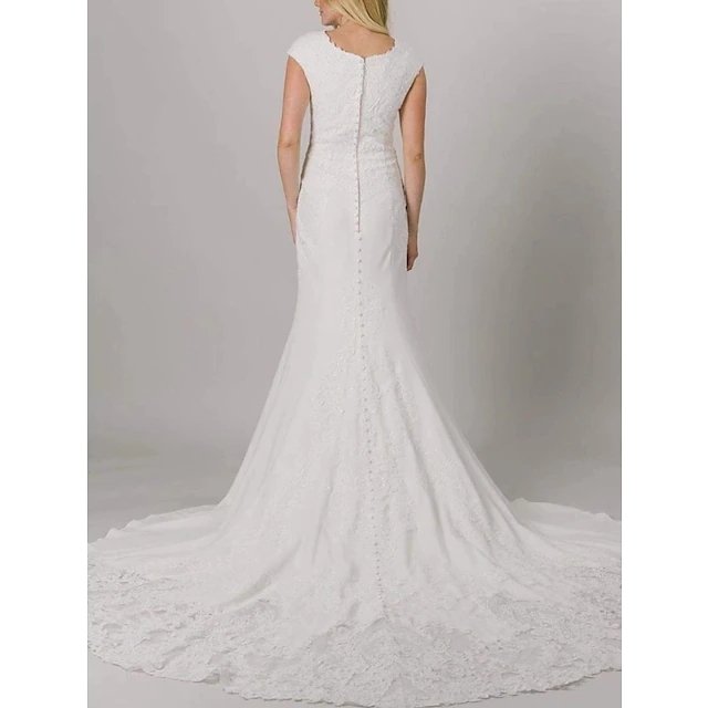 Mermaid / Trumpet Wedding Dresses V Neck Court Train Lace Stretch Fabric Cap Sleeve Romantic with Appliques