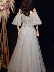 A-Line Glittering Elegant Engagement Formal Evening Dress Off Shoulder Half Sleeve Floor Length Tulle with Pleats Beading Sequin