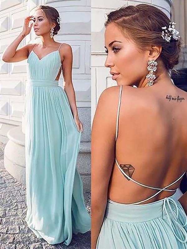 A-Line Spaghetti Straps Sleeveless Floor-Length With Ruched Chiffon Dresses