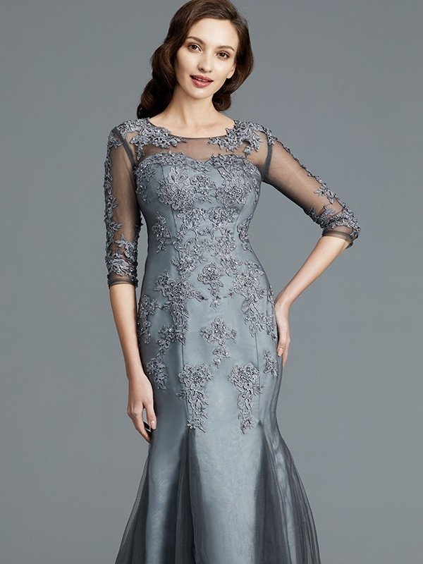 Sheath/Column Scoop Applique 1/2 Sleeves Tulle Floor-Length Mother of the Bride Dresses
