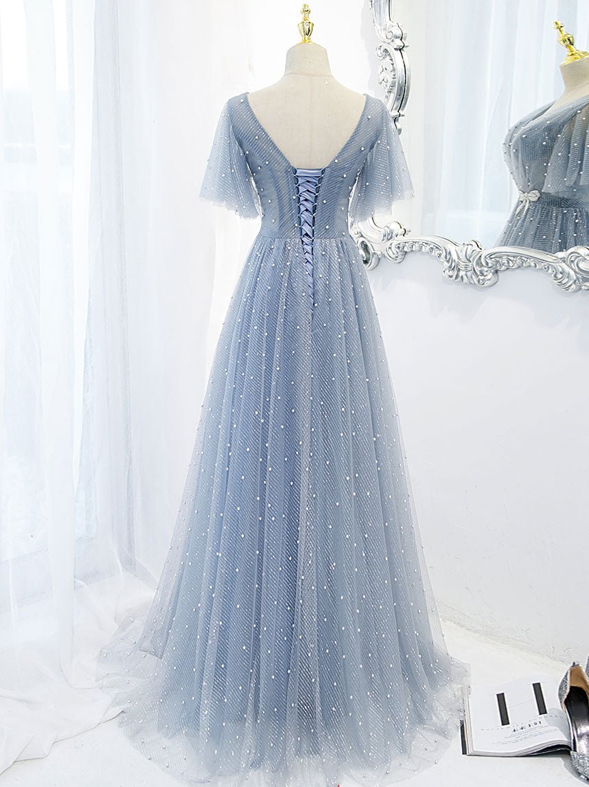 Blue v neck tulle beads long prom dress, blue tulle formal dress