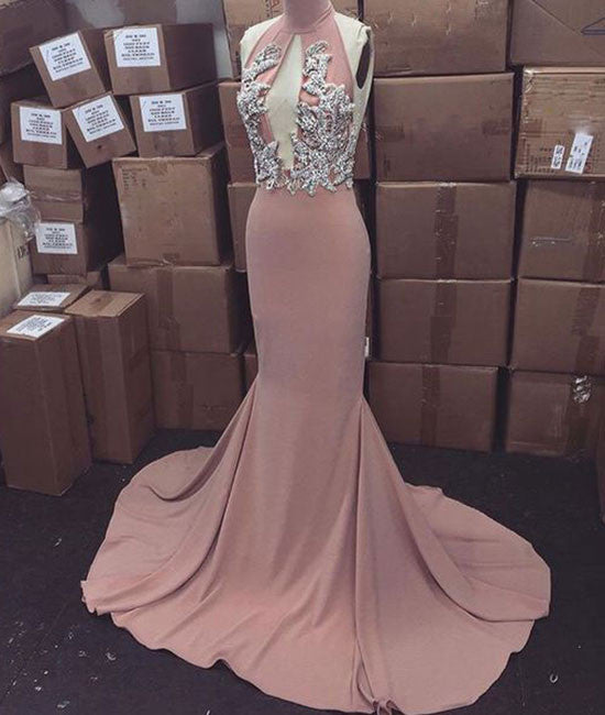 Pink high neck long prom dress for teens, evening dress