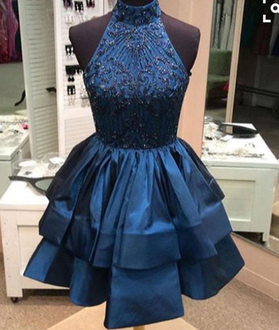 Blue high neck sequin beaded short prom dress, cute homecoming dress