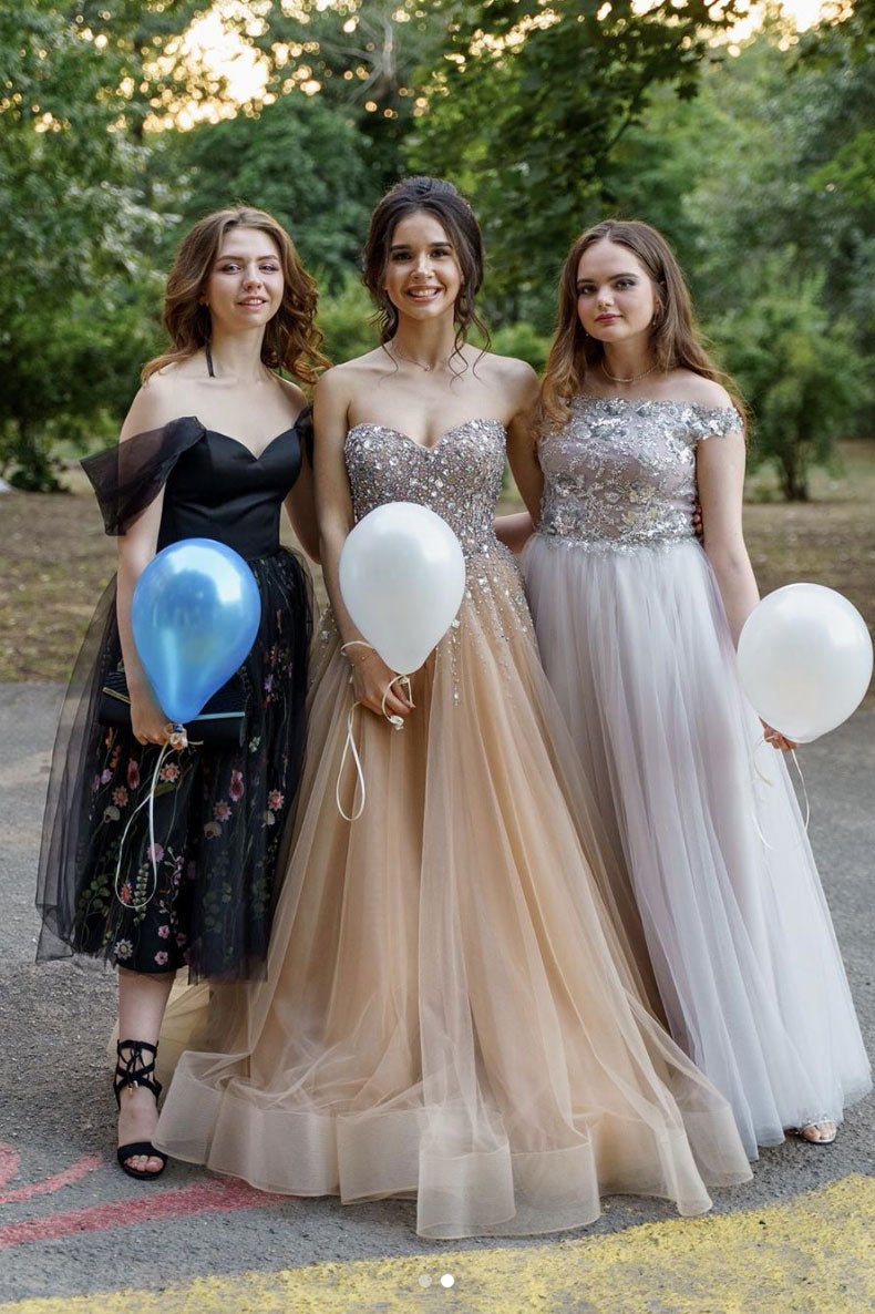 Champagne sweetheart tulle sequin beads long prom dress, formal dress