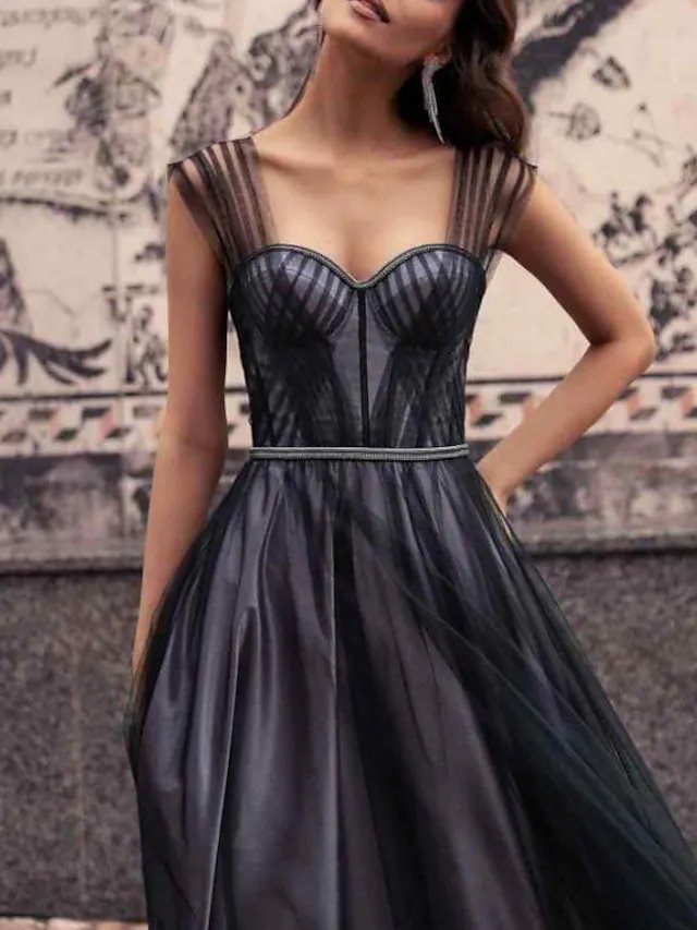A-Line Empire Elegant Engagement Prom Dress Sweetheart Neckline Sleeveless Floor Length Tulle Stretch Satin with Pleats