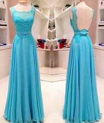 Blue lace long prom dress, blue evening dress for teens