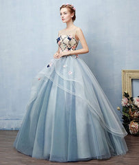 Unique round neck tulle applique long prom dress, blue evening dress