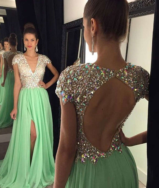 Unique A-line V Neck Sequin Backless Long Green Prom Dresses for teens