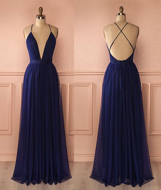 Simple v neck dark blue tulle long prom dress, evening dress