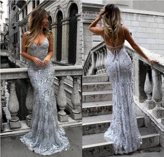 Silver Robe De Soiree Mermaid Spaghetti Straps Appliques Sexy Long Women Party Prom Dresses Prom Gown Evening Dresses