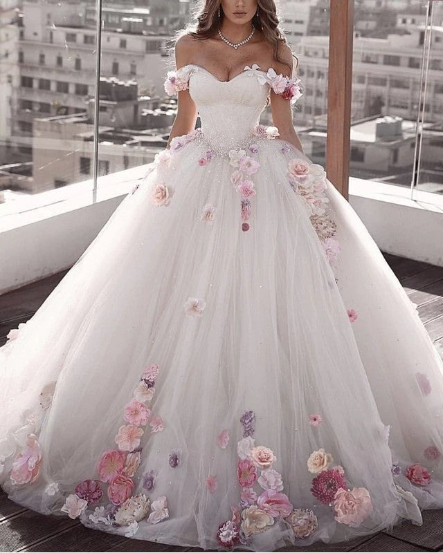 Off Shoulder Tulle Ball Gown Wedding Dresses Floral Flowers Beaded