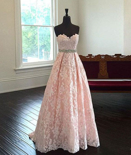 Pink Sweetheart Neck Lace Long Prom Dresses, Evening Dresses