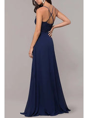 A-Line Elegant Prom Dress Spaghetti Strap Sleeveless Sweep / Brush Train Chiffon with Lace Insert Split Front