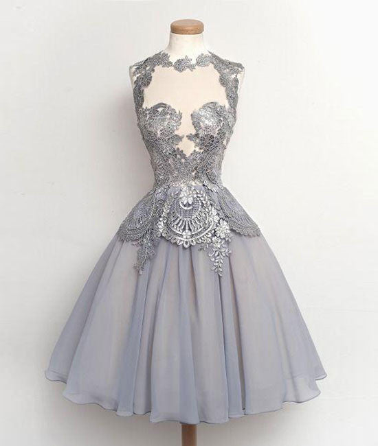 Gray lace Chiffon Short Prom Gown, Homecoming Dress
