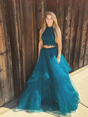 Green two pieces lace tulle long prom dress green evening dress