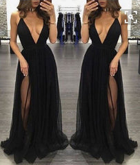 Simple v neck chiffon long prom dress, black evening dress
