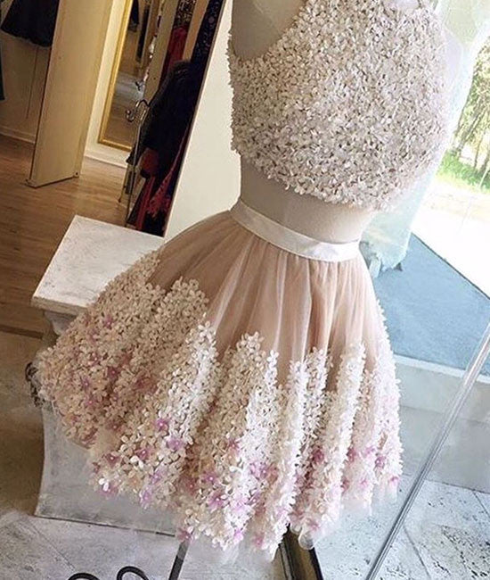 Cute two pieces applique short prom dress, homecoming dress