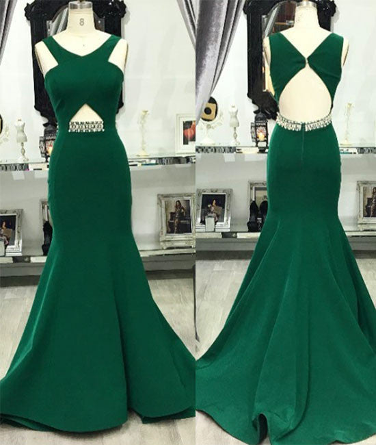 Green v neck mermaid long prom dress, green evening dress for teens