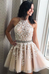 Champagne tulle lace short prom dress tulle lace cocktail dress