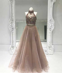 champagne two pieces beads long prom dress, evening dress