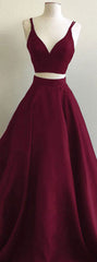 Simple two pieces burgundy long prom dress, burgundy evening dress