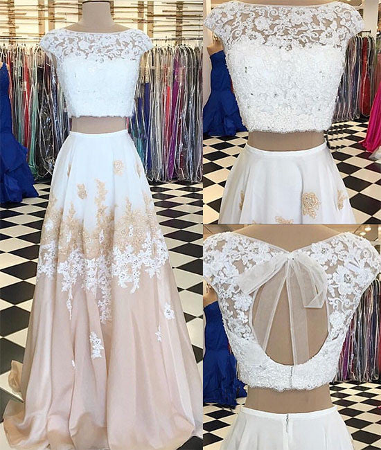White two pieces lace long prom dress, white evening dress