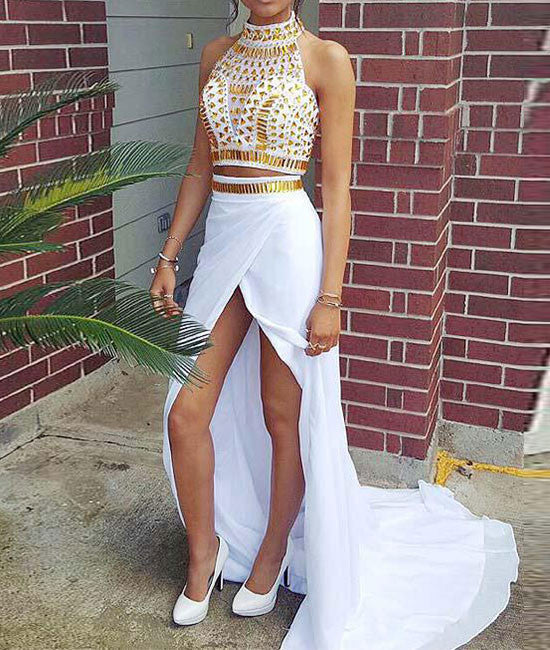 White A-line Two Pieces Rhinestone Long Prom Dress, White Evening Dress
